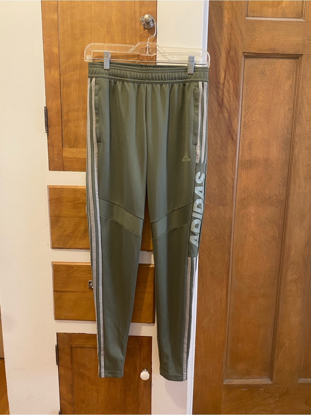 adidas Olive Green Track Pants with Side Stripes and Zipper Pockets